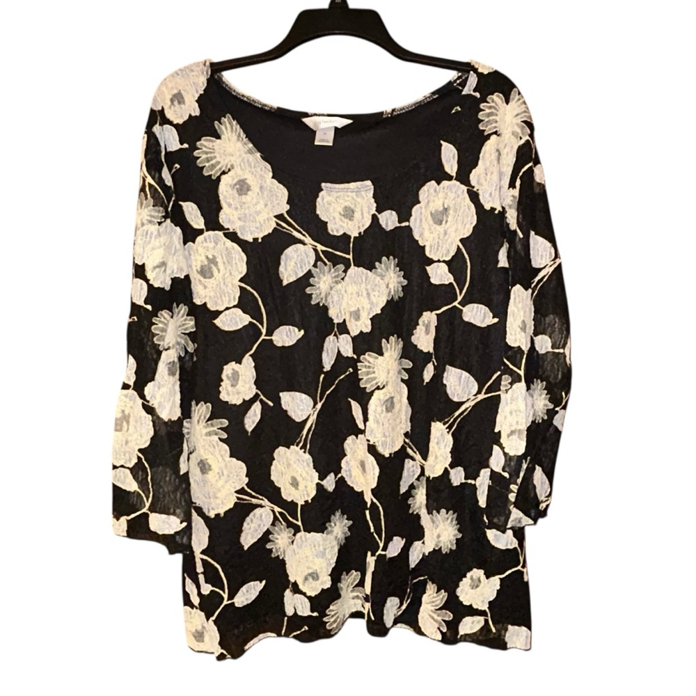 CJ Banks Womens Plus Black Floral‎ Lace Overlay Blouse 3X 3/4 Sleeve Romantic